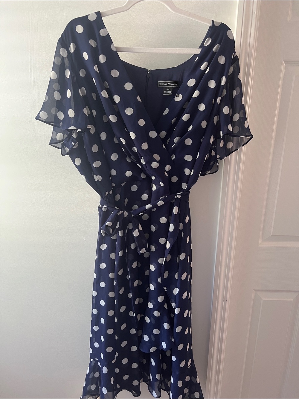 Jessica Howard Navy and White Polka Dot Midi Wrap Dress